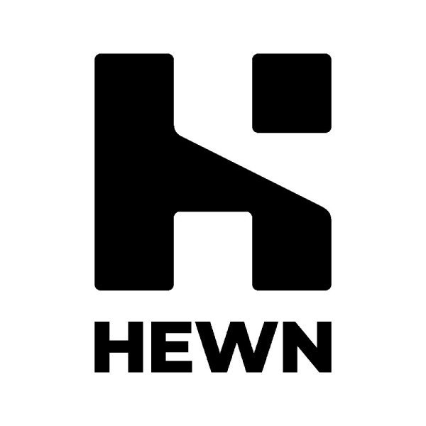 Black geometric logo resembling the letter "H" with a detached square in the top right, above the word "HEWN" in bold capital letters on a white background.