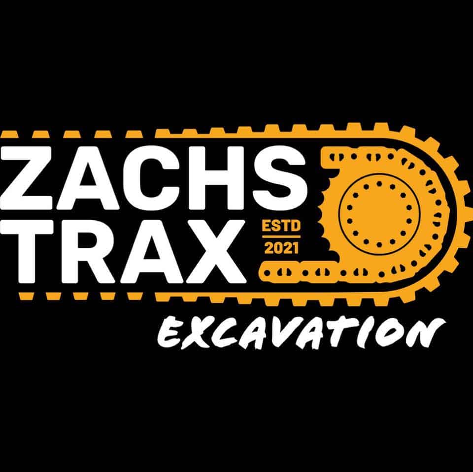Logo for "Zachs Trax Excavation," featuring bold white text and an orange excavator track graphic with "ESTD 2021" on a black background.