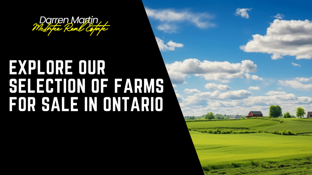A farm landscape with green fields and a barn under a blue sky, featuring text that highlights Farms for Sale in Ontario by an experienced real estate agent.