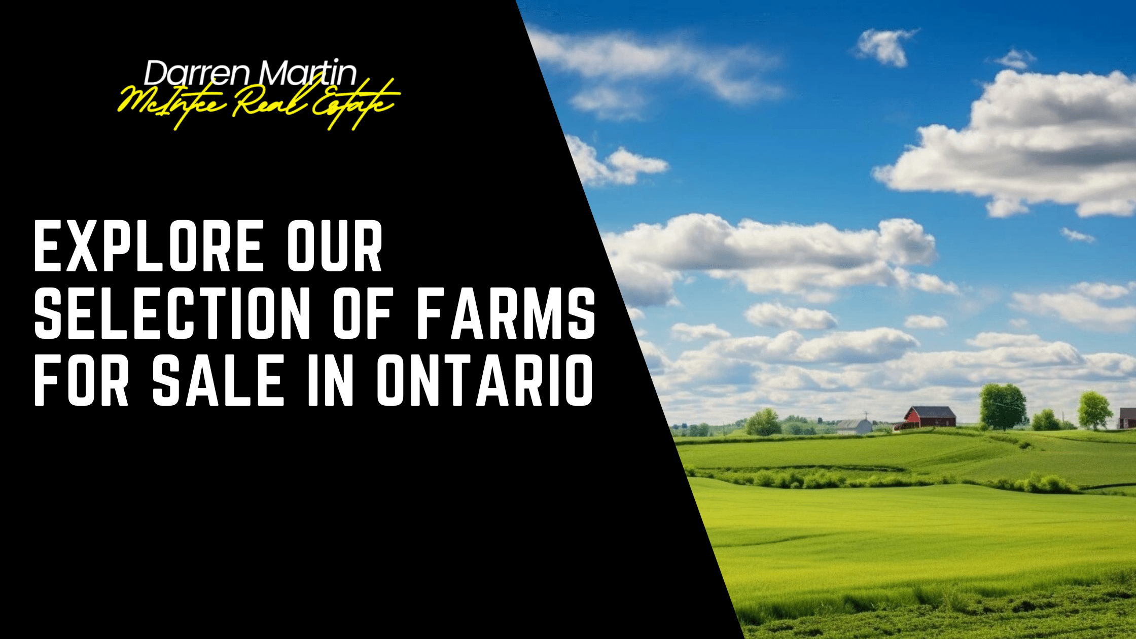 A farm landscape with green fields and a barn under a blue sky, featuring text that highlights Farms for Sale in Ontario by an experienced real estate agent.