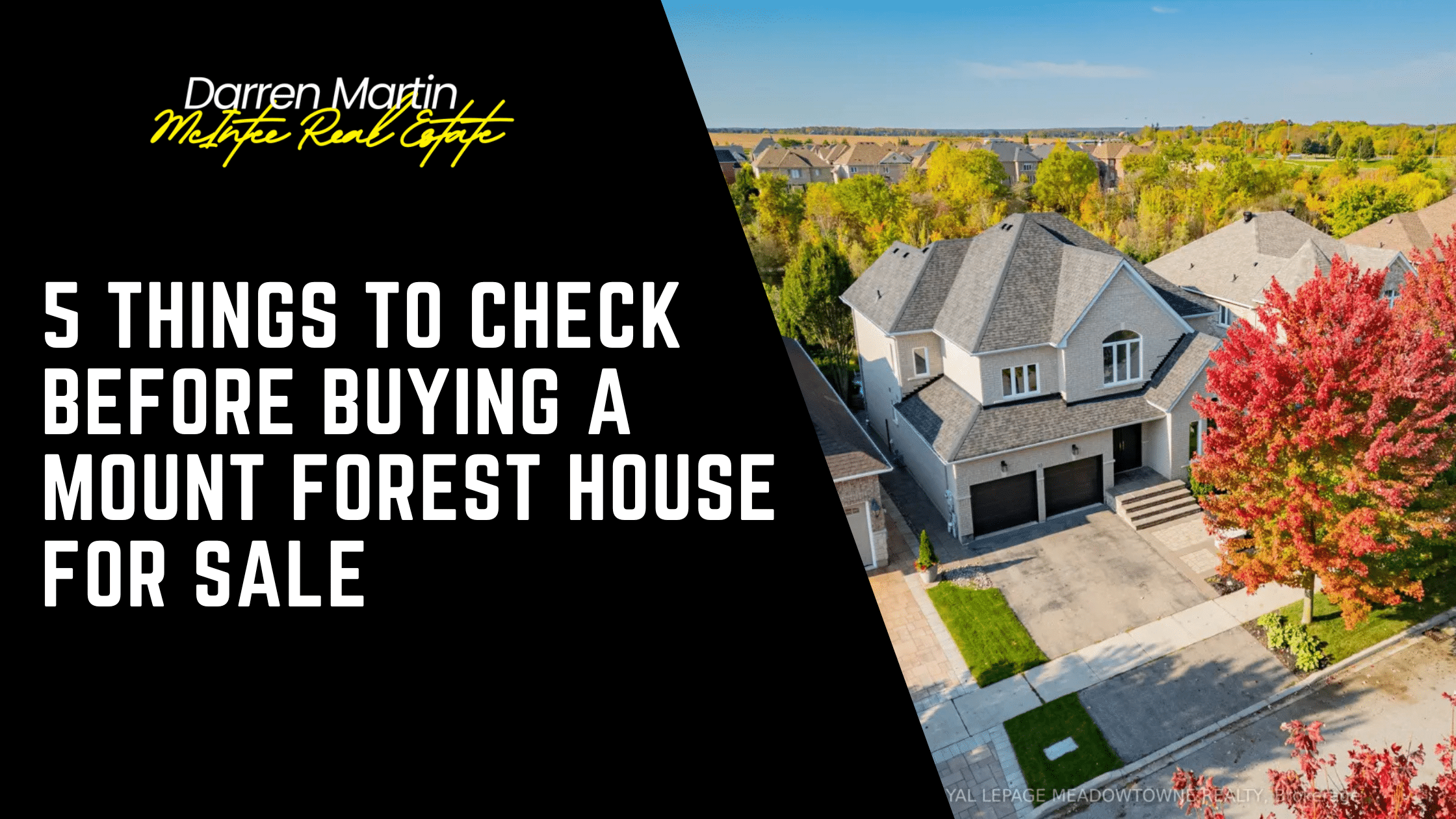 A modern two-story suburban house with a driveway and garage, surrounded by trees, next to a banner reading "5 Things to Check Before Buying a Mount Forest House For Sale.