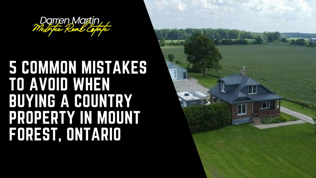 Aerial view of a house with a large yard and farmland, overlaid with text about avoiding mistakes when buying country property in Mount Forest, Ontario.