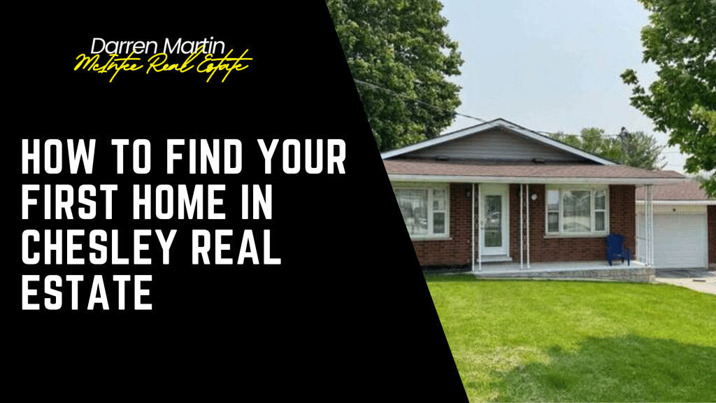 A single-story brick house with a front porch and lawn next to text promoting first-time home buying in Chesley real estate.