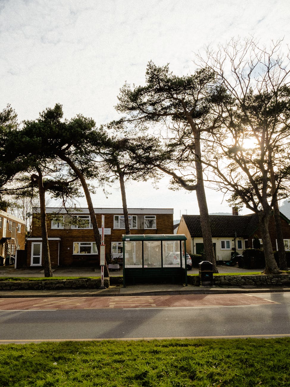 A serene suburban street scene featuring a bus stop, trees, and residential houses.