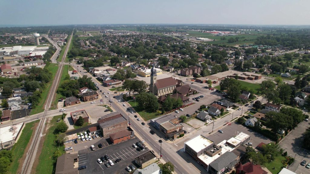 Aerial view of a suburban neighborhood in Windsor, Ontario during summer.