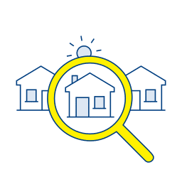 Illustration of three houses with a yellow magnifying glass highlighting the center house; a sun is shown above in the background.