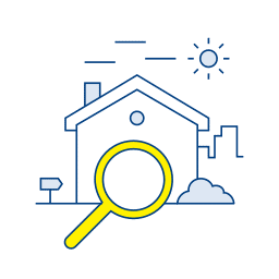 Simple line drawing of a house with a yellow magnifying glass in front and a sun and clouds in the background.