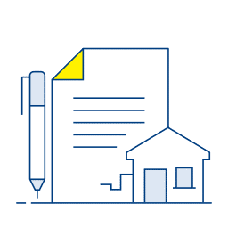 A simple illustration of a paper with writing and a yellow corner, a pen, and a house, representing documents related to property or real estate.