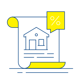 Illustration of a document with a house icon and a speech bubble showing a percentage symbol, representing a mortgage or home loan interest rate.