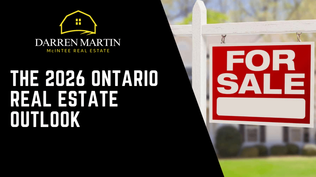 A "For Sale" sign is displayed on a lawn next to text reading, "The 2026 Ontario Real Estate Outlook" and the Darren Martin McIntee Real Estate logo.