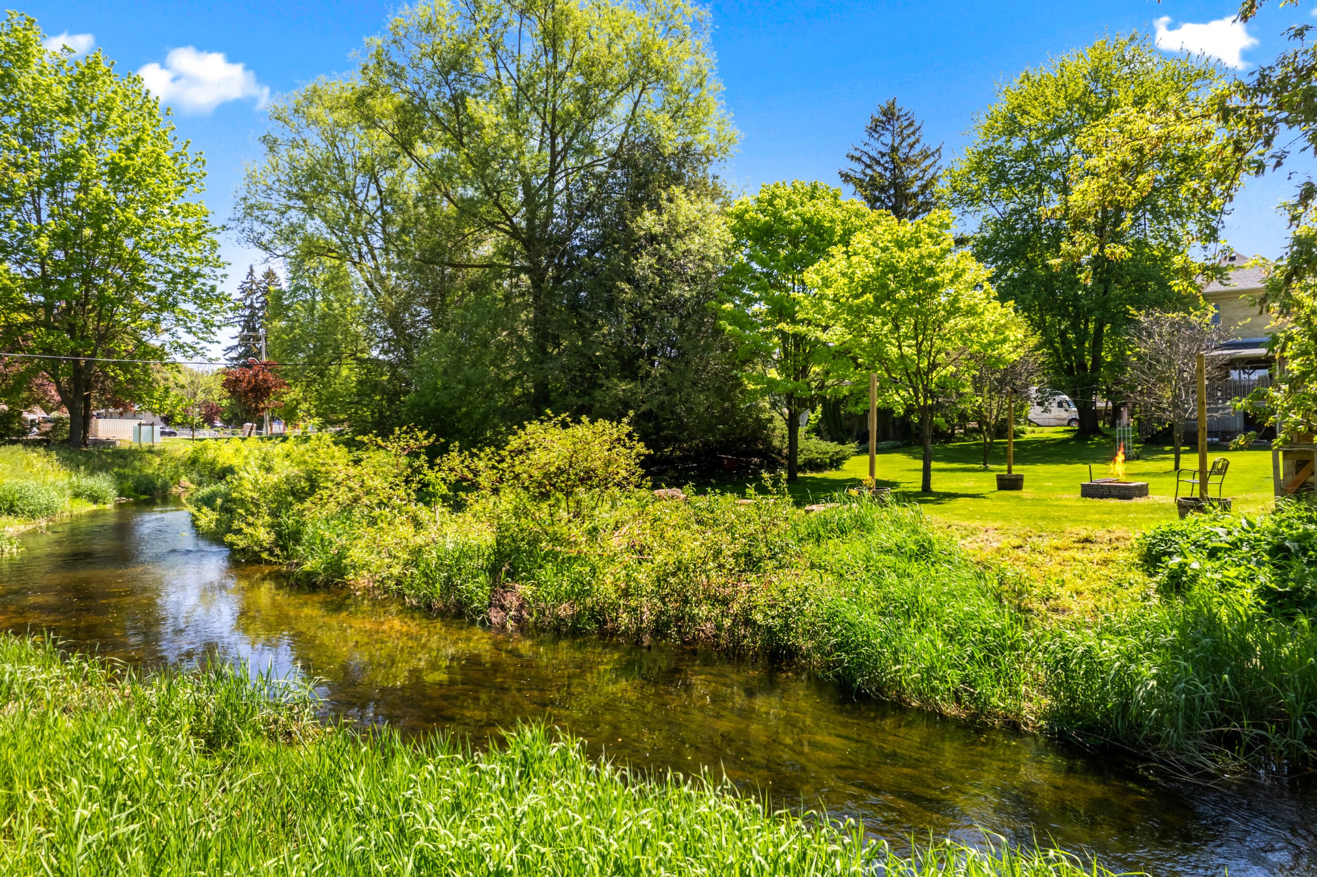 A small creek runs through green grass and trees in a sunny park with houses visible in the background.