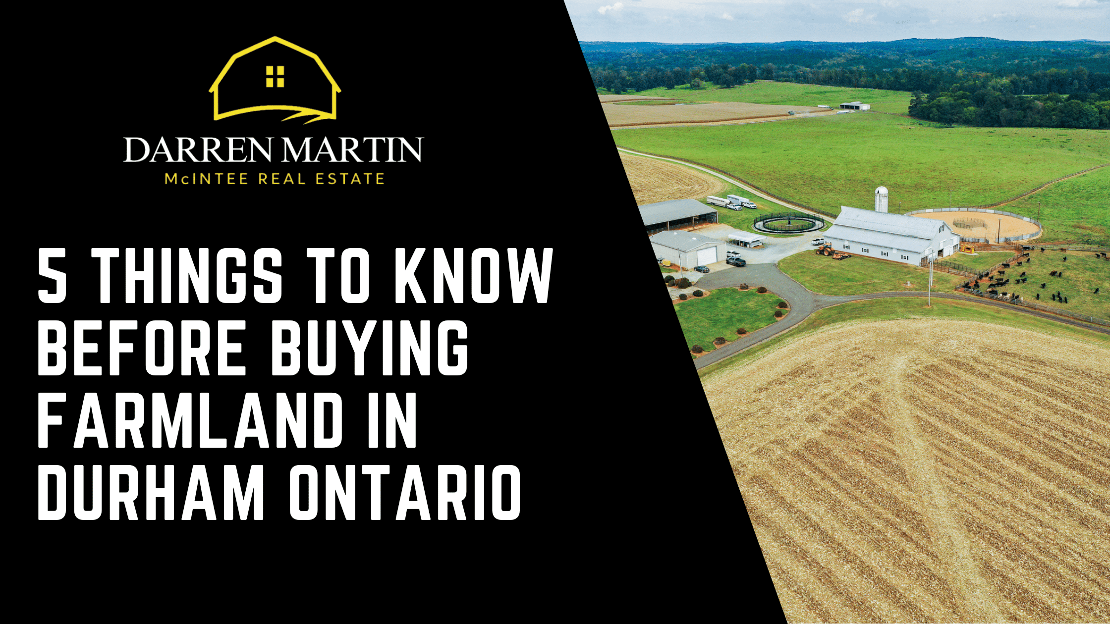 Aerial view of farmland and a barn with text: "5 Things to Know Before Buying Farmland in Durham Ontario" by Darren Martin, McIntee Real Estate.