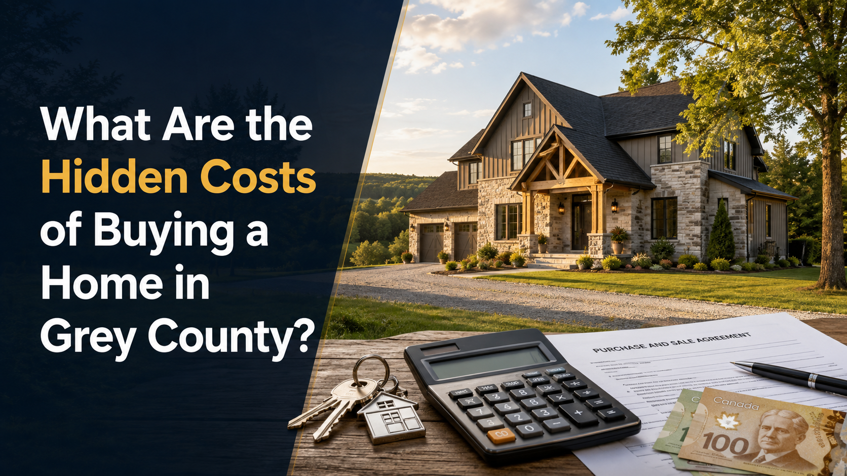 A calculator, keys, documents, and Canadian money on a table in front of a modern house, with text about hidden home-buying costs in Grey County.