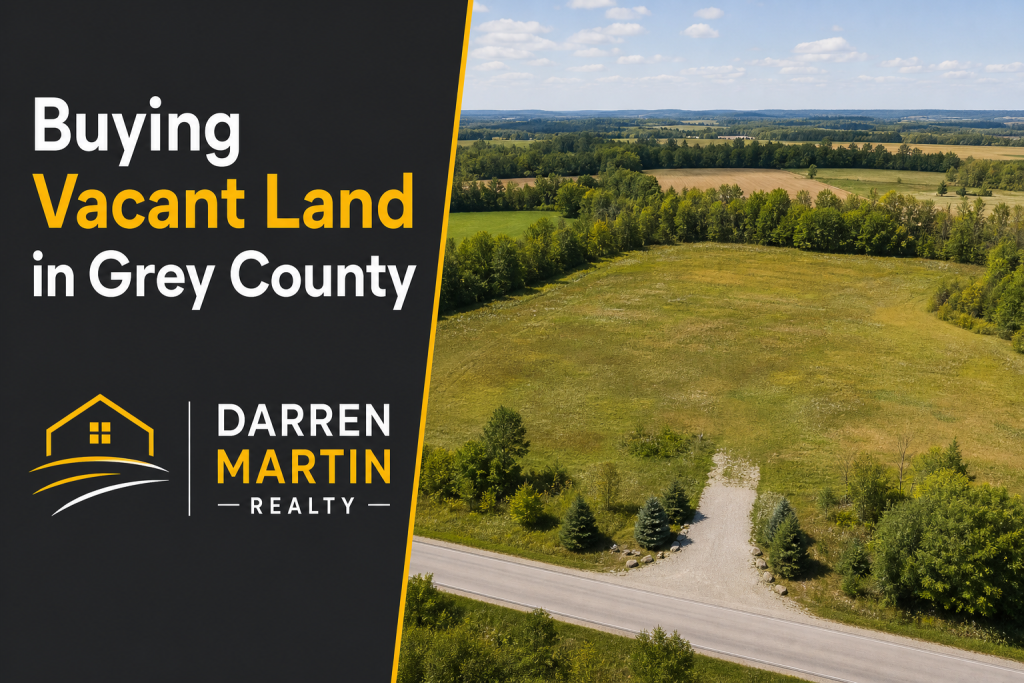 Aerial view of vacant rural land in Grey County with fields, trees and a gravel road