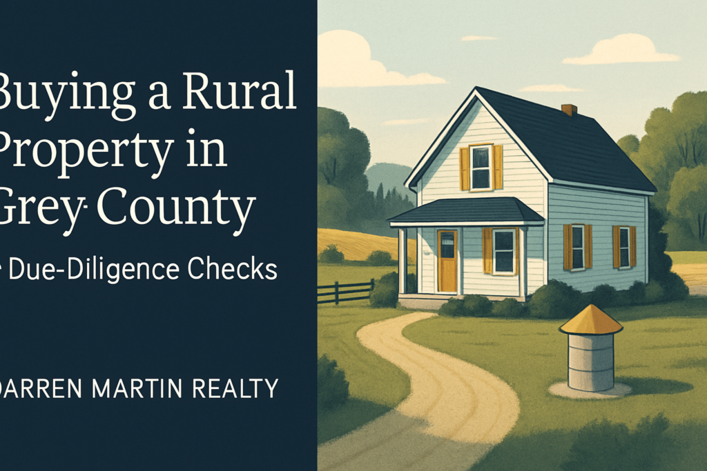 Illustration of a rural Grey County property with a farmhouse, gravel driveway, wooded acreage and a branded nine-check due-diligence panel