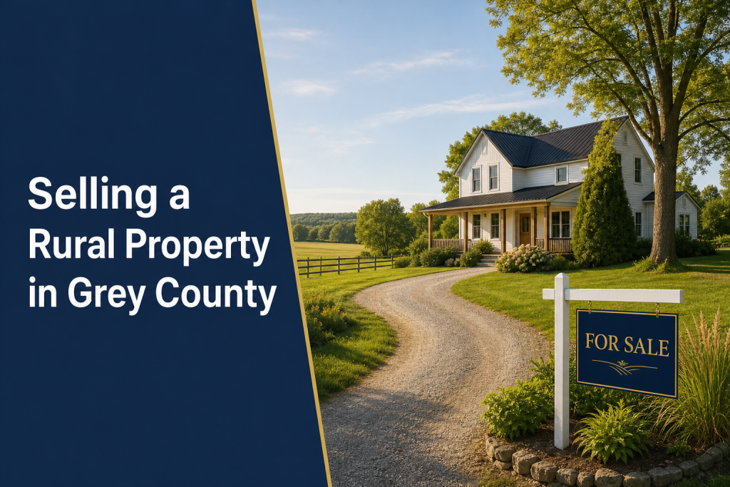 Illustration of a rural Grey County property with a farmhouse, fields, mature trees and a professional for-sale sign, presented in Darren Martin Realty branding